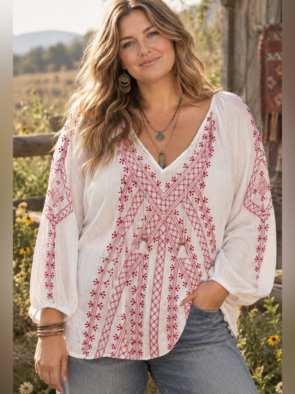 J. Jill Boho Embroidered Peasant Top XXL